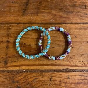 Nepal Glass Beaded Crochet Bangle Bracelets Sashka Co. Boho Hippy Colorful Set 2